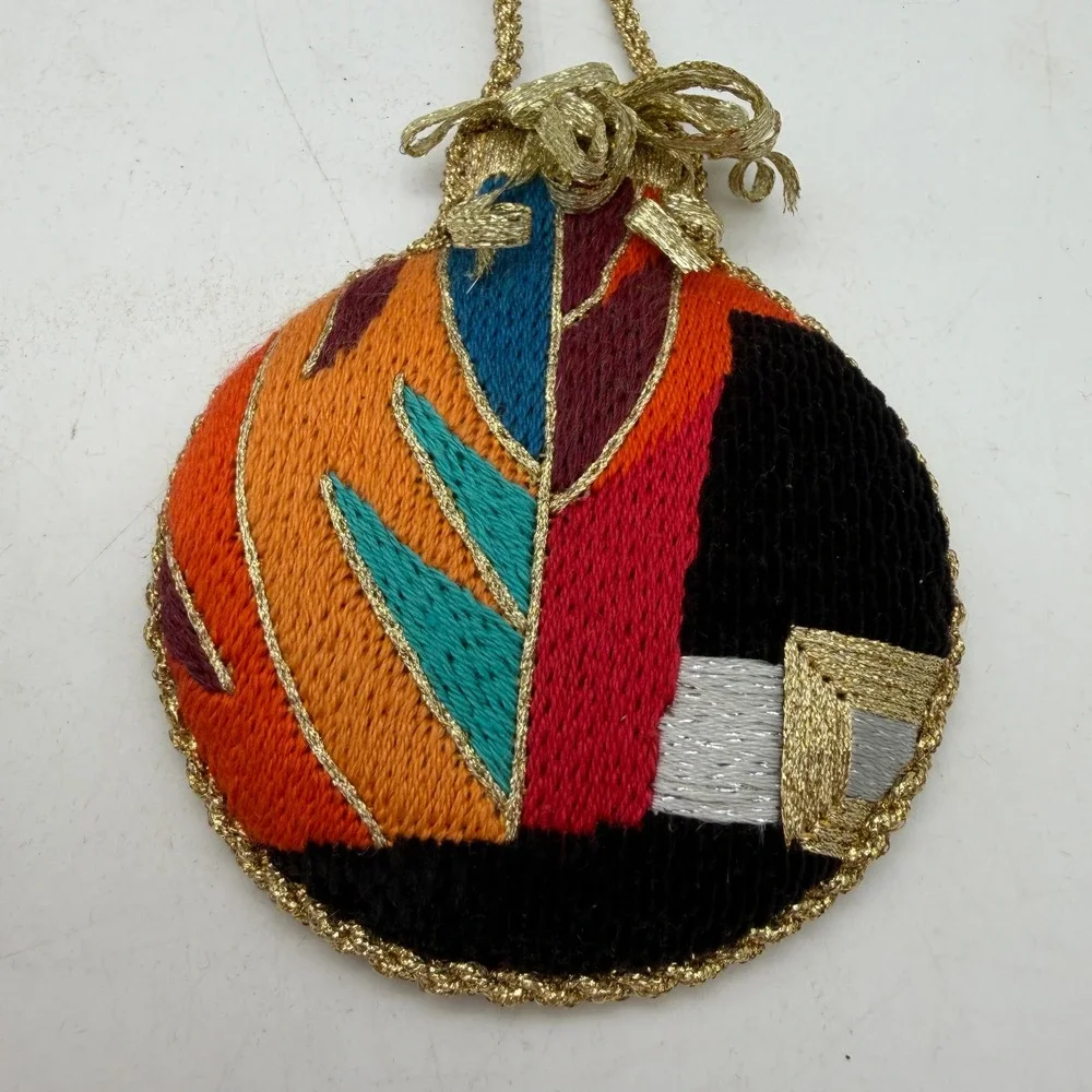 Vintage Needlepoint Heart & Abstract Embroidered Christmas Ornaments‎ Set of 2
